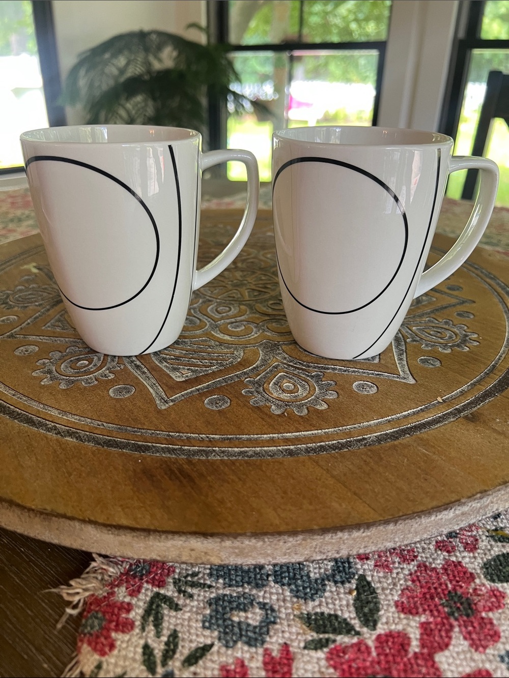 Corelle SIMPLE LINES White Porcelain Mugs with Black Circle Accent - Set of 2